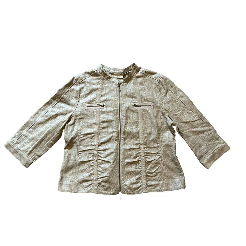 CHICOS Tweed Jacquard Jacket Blazer Zipper Beige Ivory Gold Sequin Shimmer Sz 3